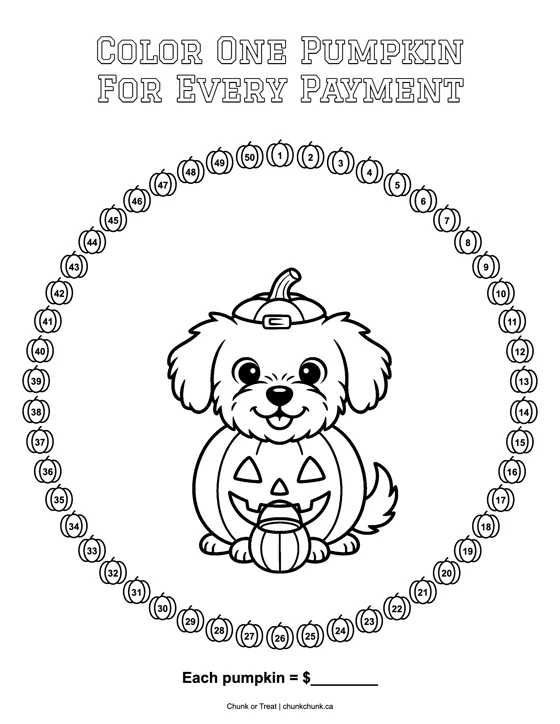 Tracker page: a ring of 50 numbered pumpkins around Winnie in a jack-o-lantern, one to color for every payment