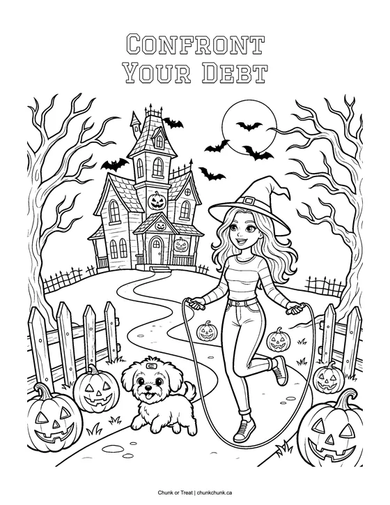 Coloring page: Tess skips rope outside a haunted house with Winnie, titled Confront Your Debt