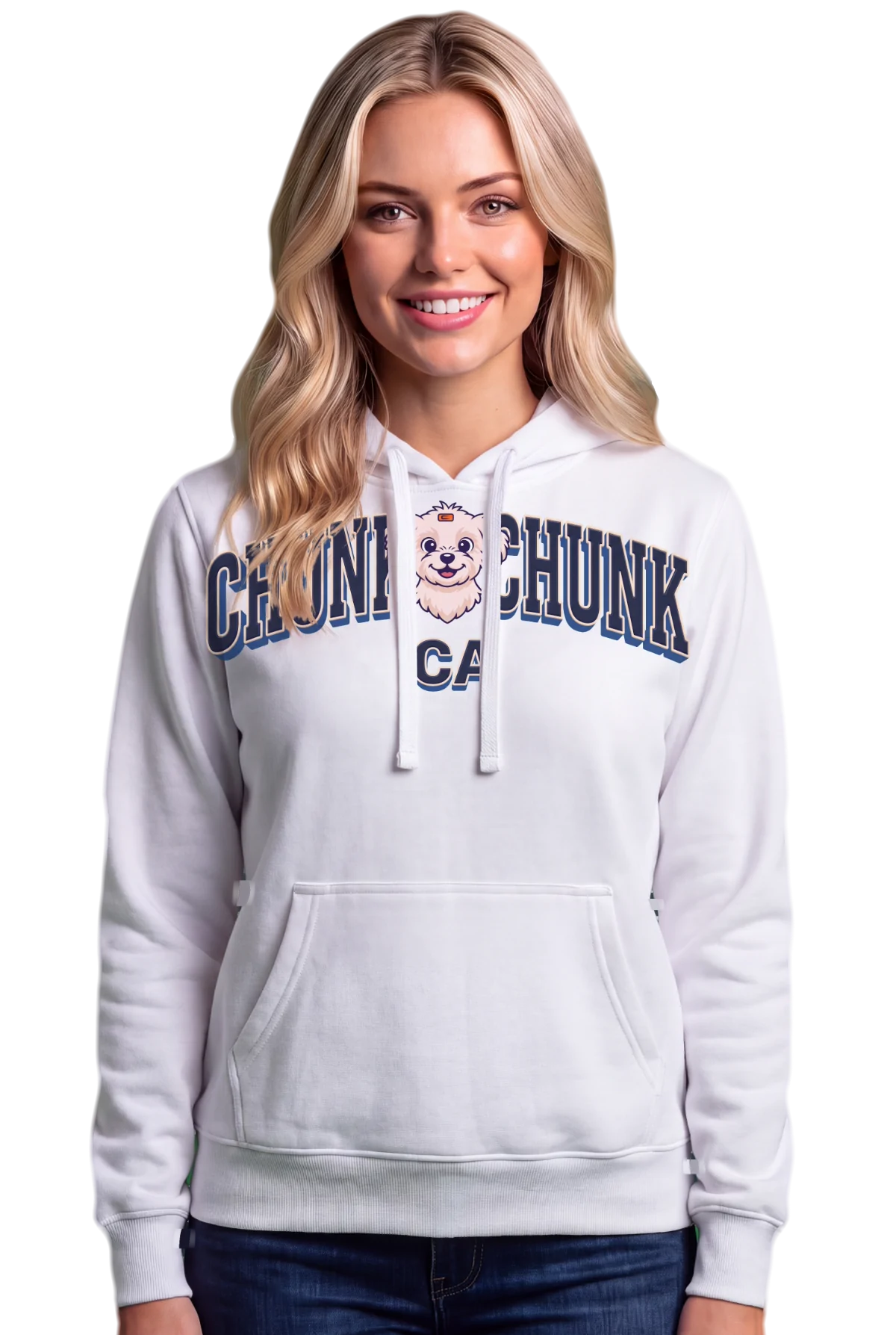 Winnie centre Hoodie, White Chunk Chunk hoodie, mockup, front