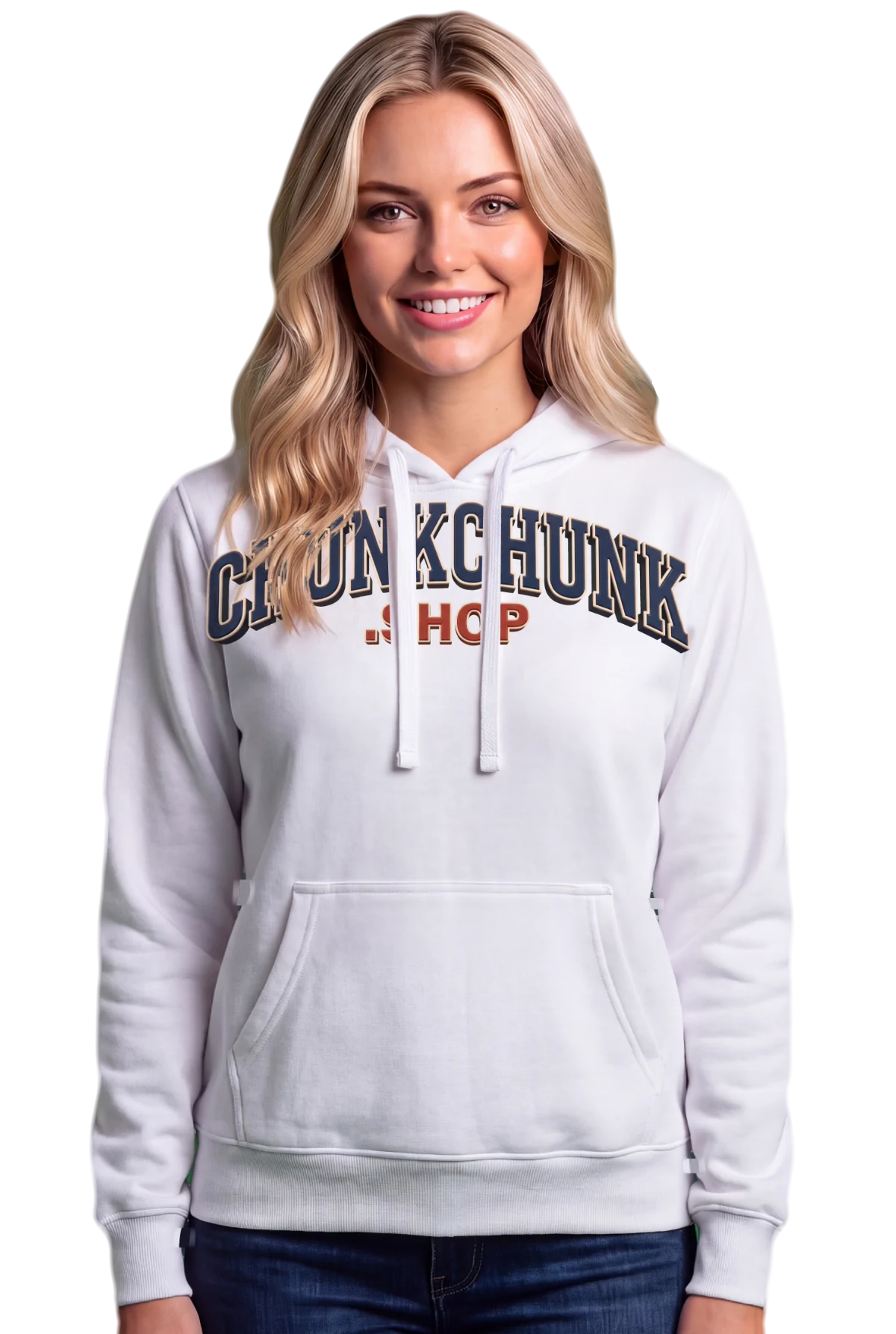 Varsity Hoodie, White Chunk Chunk hoodie, mockup, front