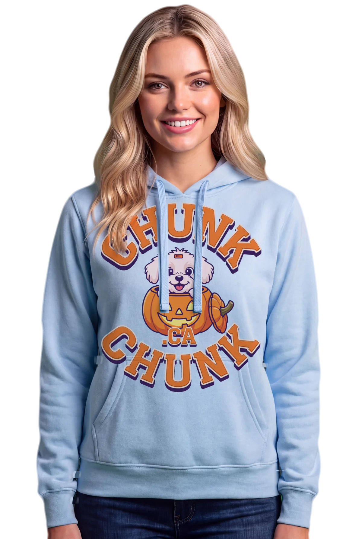 Pumpkin Pup Hoodie, Light blue Chunk Chunk hoodie, mockup, front