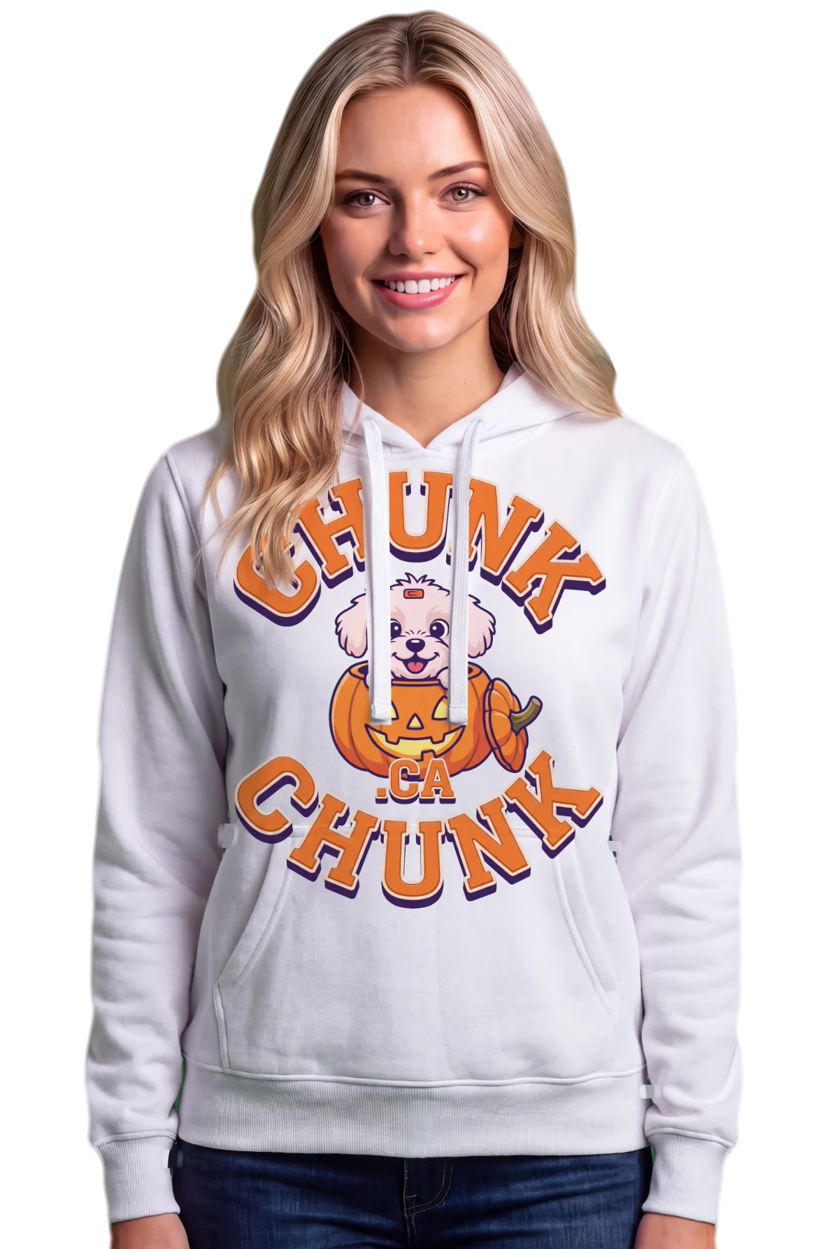 Pumpkin Pup Hoodie, White Chunk Chunk hoodie, mockup, front