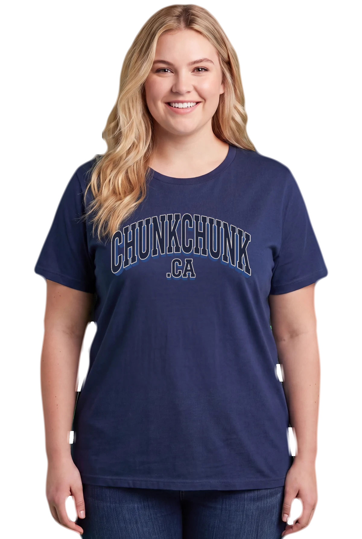 Varsity .ca, Navy, worn Chunk Chunk shirt, mockup