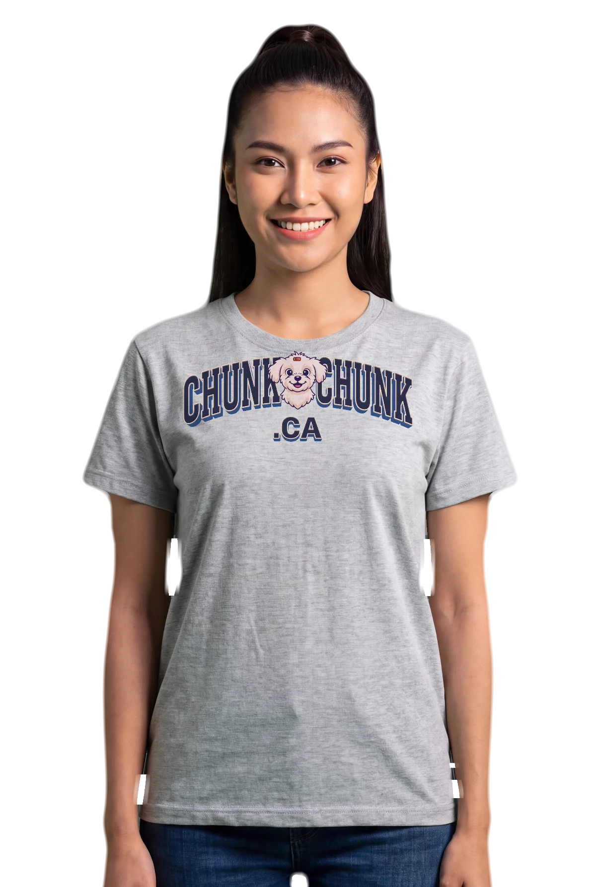 Winnie in the middle, Heather grey, worn Chunk Chunk shirt, mockup