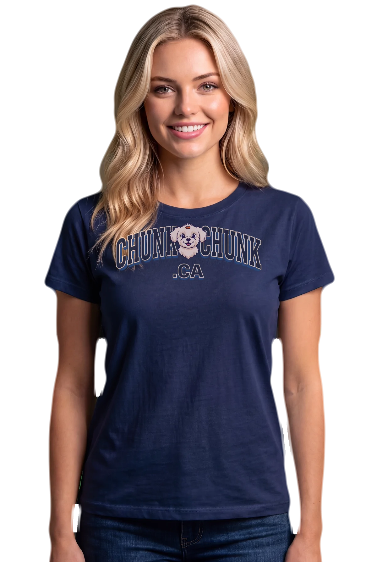Winnie in the middle, Navy, worn Chunk Chunk shirt, mockup, front
