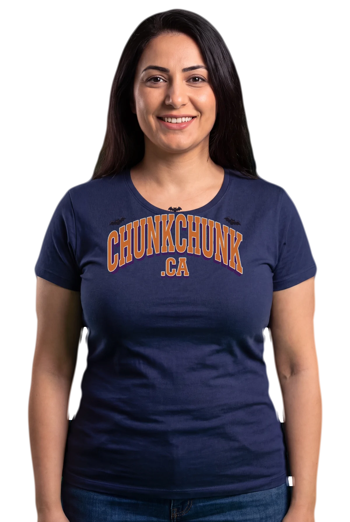 Haunted .ca, Navy, worn Chunk Chunk shirt, mockup, front