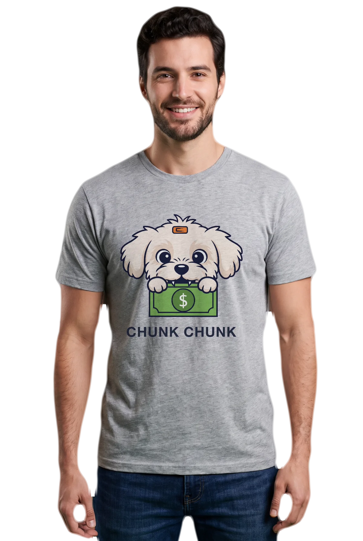 Chunk Chunk tee, Heather grey, worn Chunk Chunk shirt, mockup, front