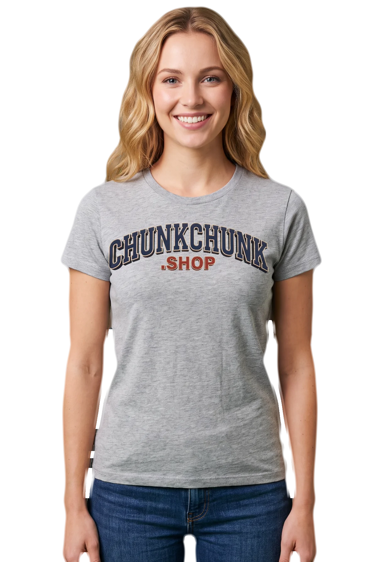 Varsity, Heather grey, worn Chunk Chunk shirt, mockup, front