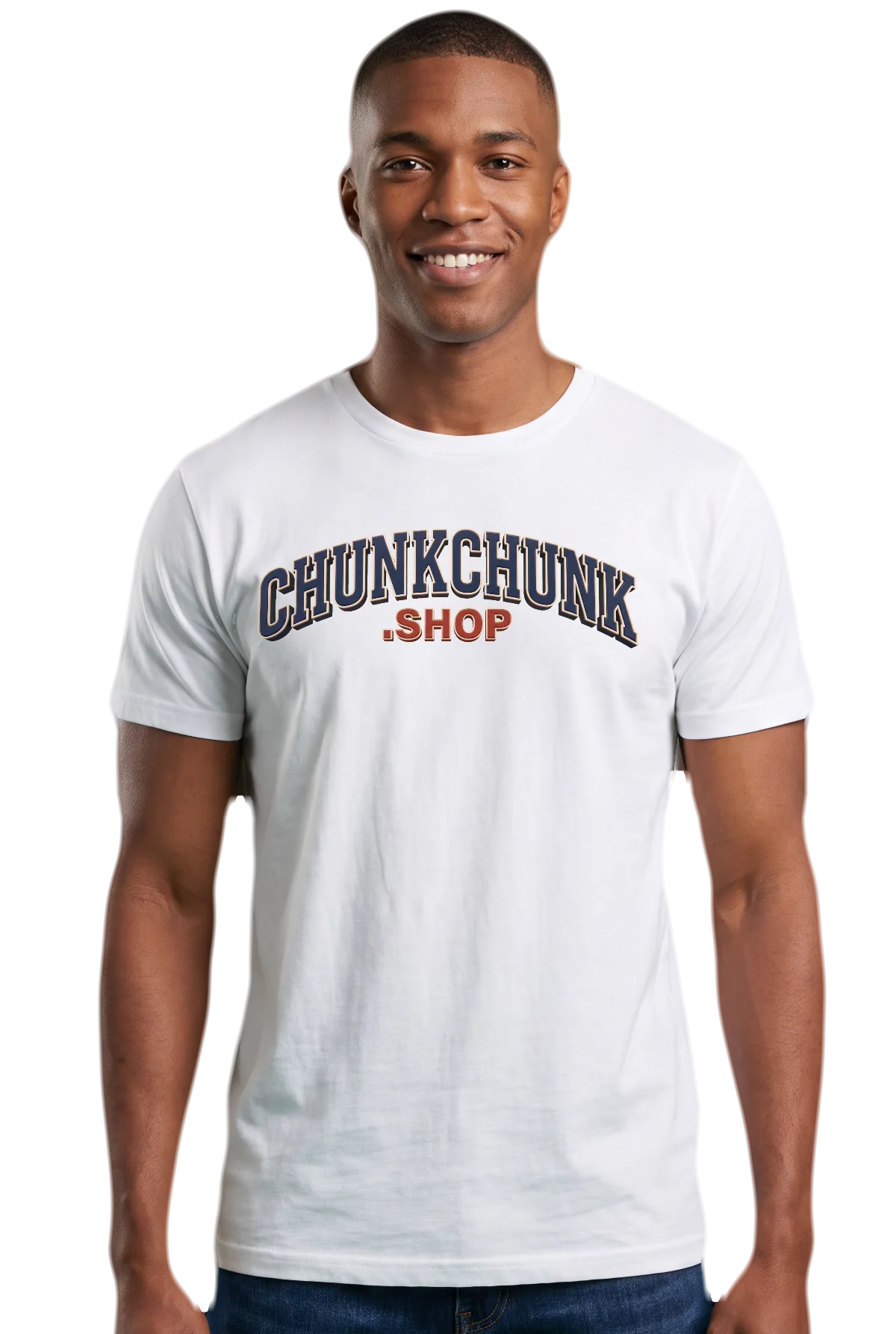 Varsity, White, worn Chunk Chunk shirt, mockup