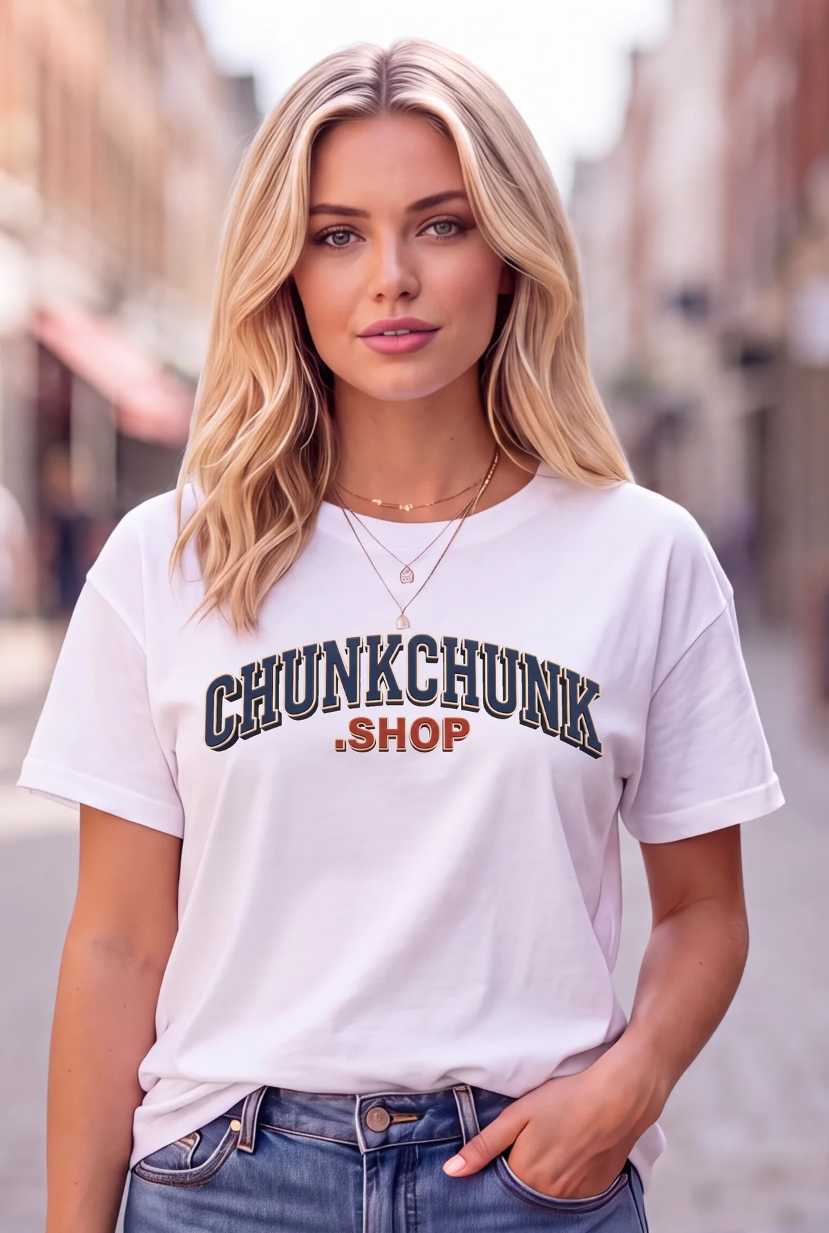 A woman on a shopping street wearing a white Chunk Chunk tee